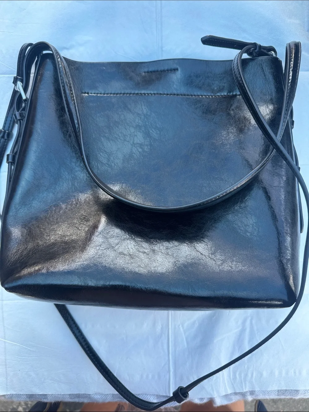 Zara Black Patent Shoulder Bag with Front Zip Pocket - Picture 3 of 9